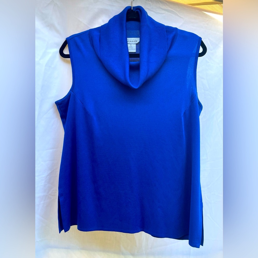 Misook cowl-neck knit sleeveless top with side slits. Great under jackets.